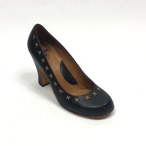 John Fluevog Black Heels with Tan Stitching